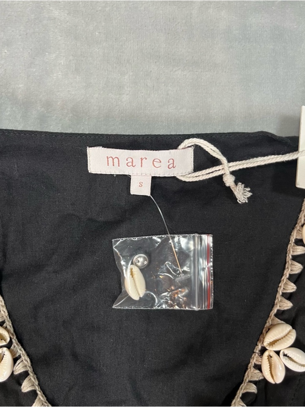 Marea Solana Dress Batik Black Cotton Shell Trim Belted Boho Mini Size S NWT - Picture 7 of 13